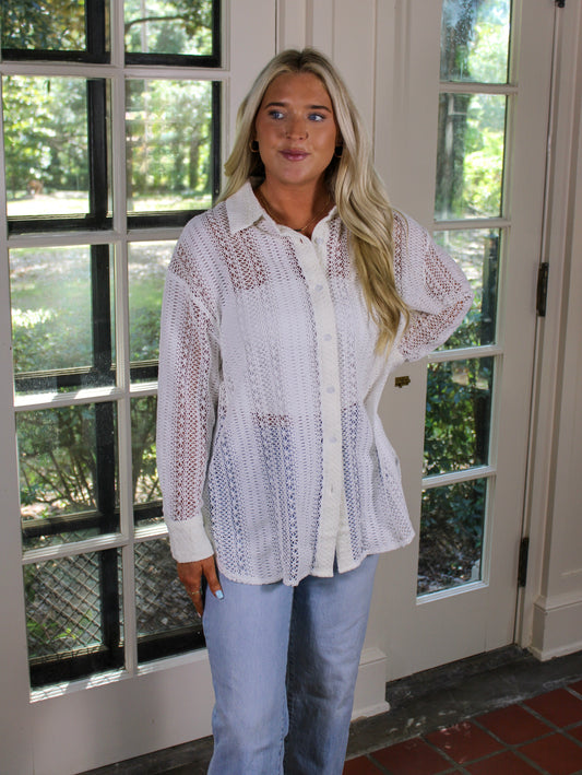 White Crochet Button Up Shirt June.