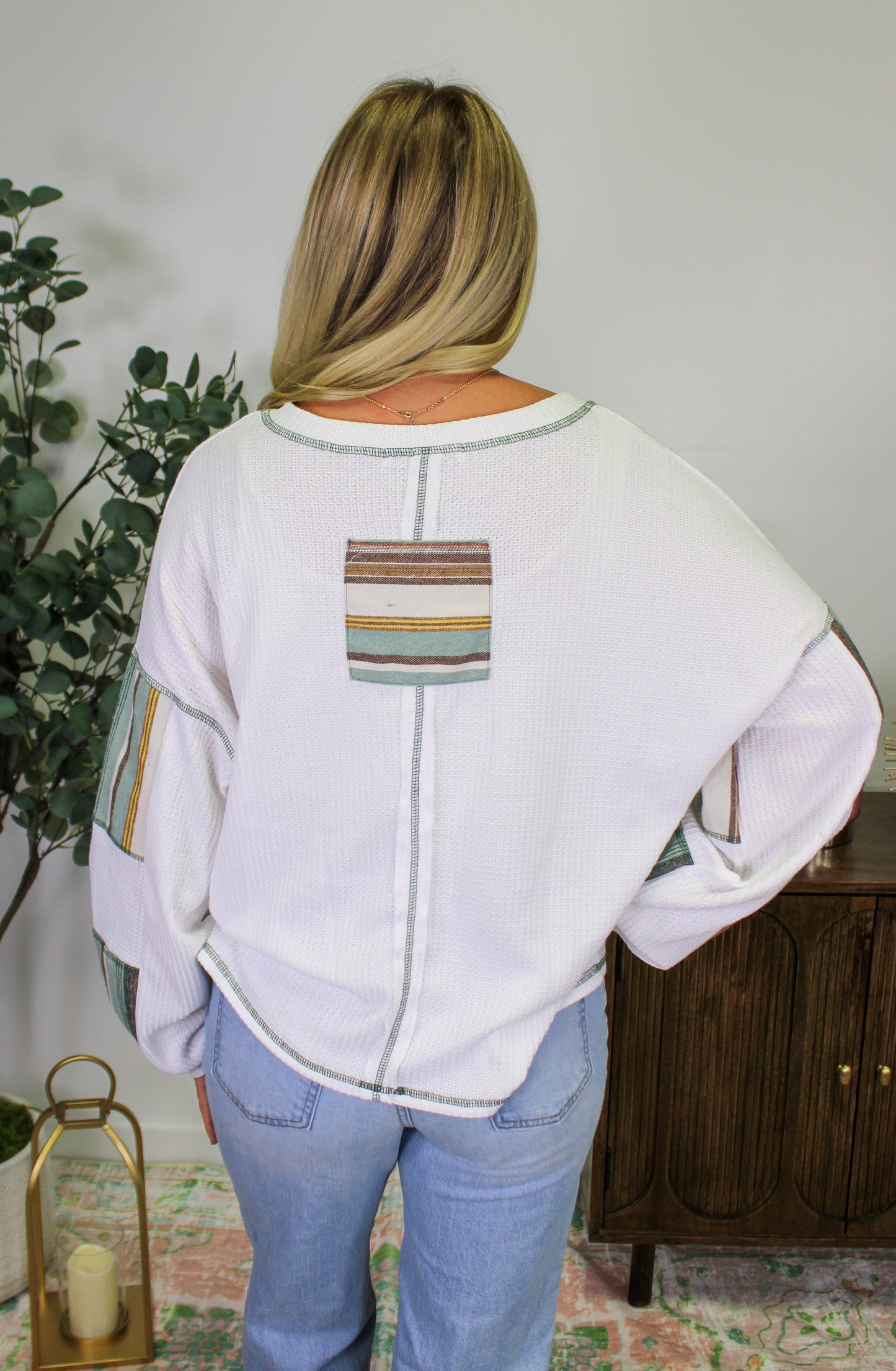 White Patchwork Waffle Knit Top RTS